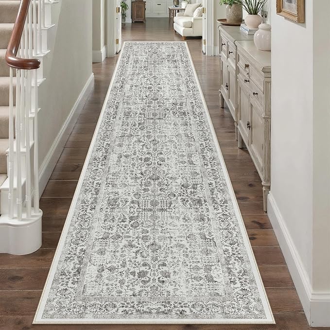 PureCozy Black Runner Rug 2'6"x14' Washable Carpet for Hallway Kitchen Vintage Distressed Non Slip Indoor Retro Floral Bedroom Accent Throw Long Rug Bathroom Office Laundry Dining Living Room