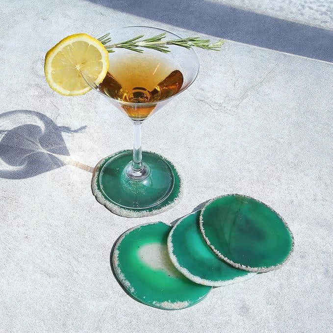 Natural Green Agate Coasters for Drinks Set of 4 | Natural Stone Drink Coasters, Decorative Table Coasters for Coffee Table, Bar or Desk, Housewarming Gift