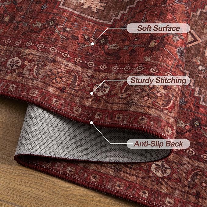 Tangsoo 10x12 Area Rugs for Living Room, Washable Large Area Rugs Oriental Vintage Indoor Non Slip Print Carpet Soft Low Pile Rug Foldable Floor Rug for Bedroom Dining Room Dorm Dark Red