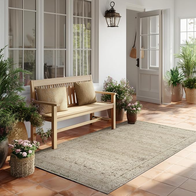 3x5 Small Entryway Area Rug Indoor for Front Door Entry Way,Washable Non Slip Ultra Thin Modern Farmhouse Neutral Boho Door Mat Entrance,Tan Brown and Cream Beige