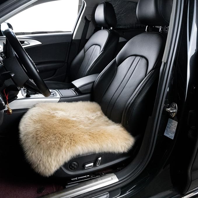 Sheepskin Chair Cushion Non-Slip Back Square Genuine Fur Chair Cover Silky Natural Wool Seat Cushion Pad Soft Area Rugs Carpet for Home Office Restaurant Chair 18x18 Inch (Pack of 1), Khaki Camel