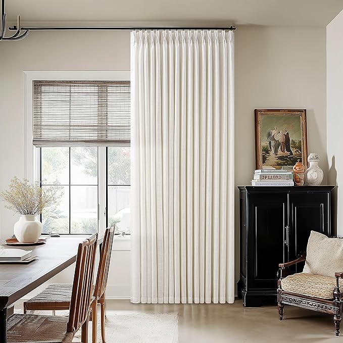 Natural Pinch Pleated Extra Wide Linen Curtains 84 Inches Long for Patio Sliding Glass Door 60 Inch Wide Pleated Drapes for Living Room with Hooks Rings Neutral Cream Semi Sheer 60x84 Curtain 1 Panel