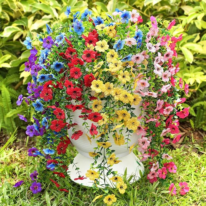 Artificial Flowers for Outdoors Spring Decor, 6 Bundles UV Resistant Realistic Faux Silk Hanging Flowers, Fake Plants for Planter Indoor Outside Garden Porch Patio Balcony Yard Farmhouse