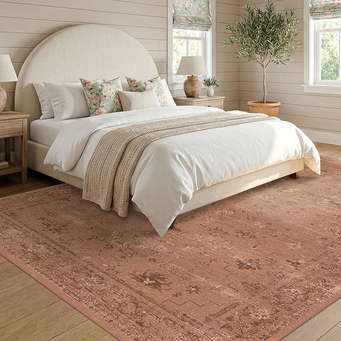 TALANOVA Terracotta 9x12 Washable Area Rugs for Large Living Room, Non-Slip Low Pile Rust Vintage Distressed Geometric Rug, Southwestern Boho Decor for Bedroom & Dining Room