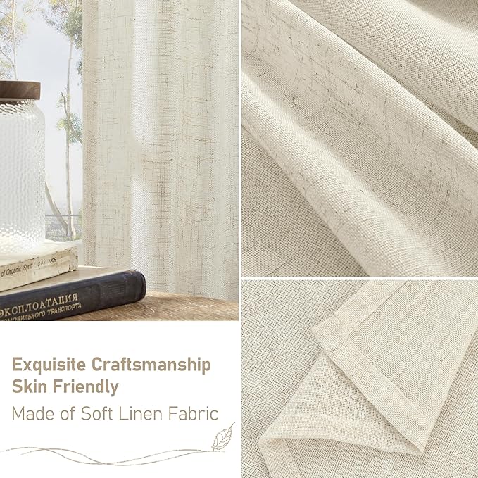 LAMIT Cafe Linen Curtains 30 Inch Length for Kitchen Windows Over Sink, Cream Ivory Semi Sheer Light Filtering Panels Back Tab and Rod Pocket Drapes for Small Window, 2 Panels, 34 x 30 Inch
