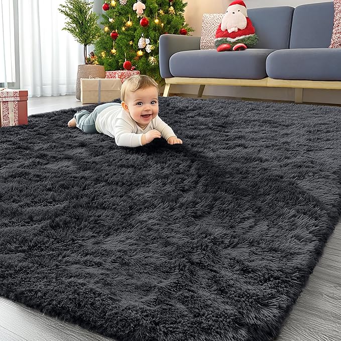OLANLY 6x11 Machine Washable Large Area Rugs for Living Room, Bedroom, Soft Fluffy Shaggy Bedside Rug, Indoor Floor Carpet for Kids Girls and Boys, Dorms, Nursery, Home Decor Aesthetic, Black