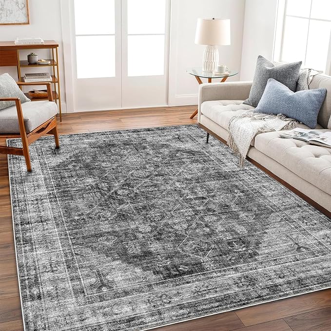 CHAMPLANT Washable Area Rug 4'x6' Vintage Traditional Floor Cover Foldable Thin Rugs Retro Kitchen Indoor Distressed Non Slip Carpet Floral Print Mat Bedroom Living Room