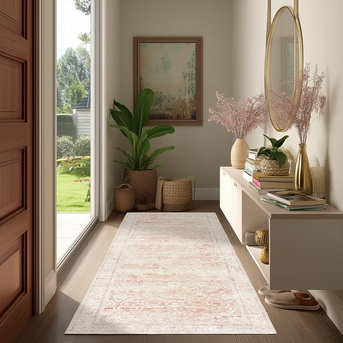 Pink Boho Runner Rugs for Hallway Bathroom Non Slip Cute Bed Side Bedroom Rug 2x6 Light Pink Low Pile Floral Distressed Rugs for Kitchen Washable Stain Resistant Carpet for Laundry Room 2 x 6