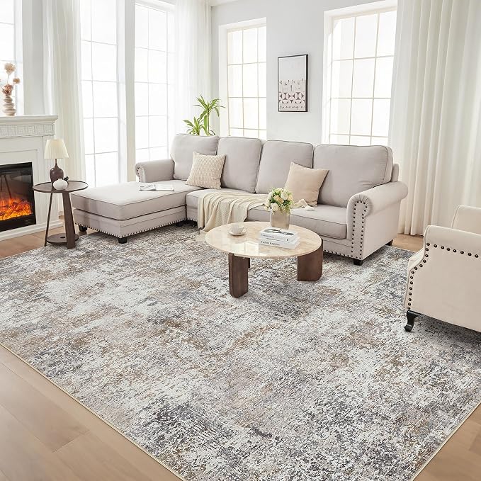 DMOYEST Area Rug Living Room Rugs - 7x9 Abstract Large Soft Indoor Washable Rug Neutral Modern Low Pile Carpet for Bedroom Dining Room Farmhouse Home Office - Brown/Grey/Black