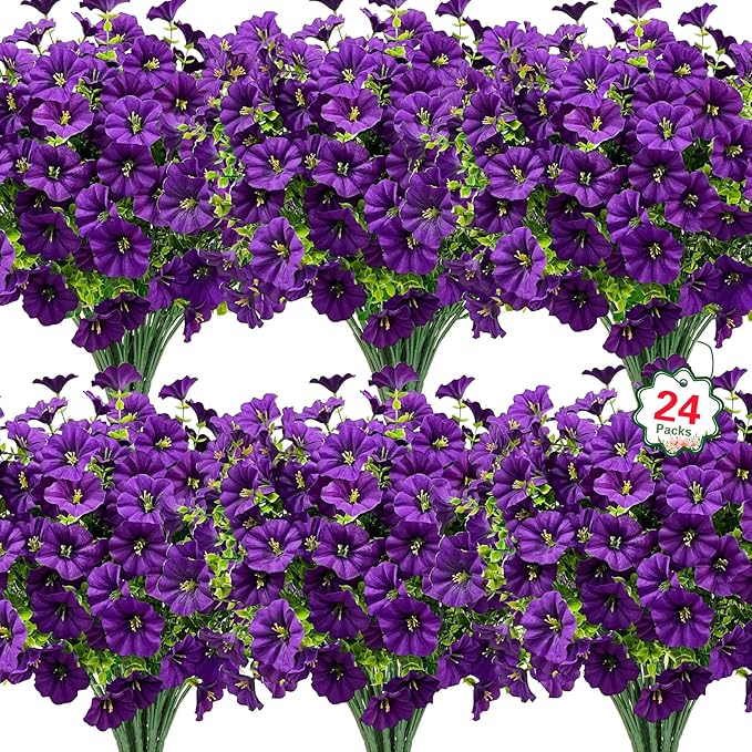 Ouddy Decor 24 Bundles Artificial Flowers for Outdoors, Fake Petunias Flowers Silk Morning Glory with Eucalyptus Faux Plants for Indoor Outside Spring Summer Yard Garden Porch Home Decor, Purple