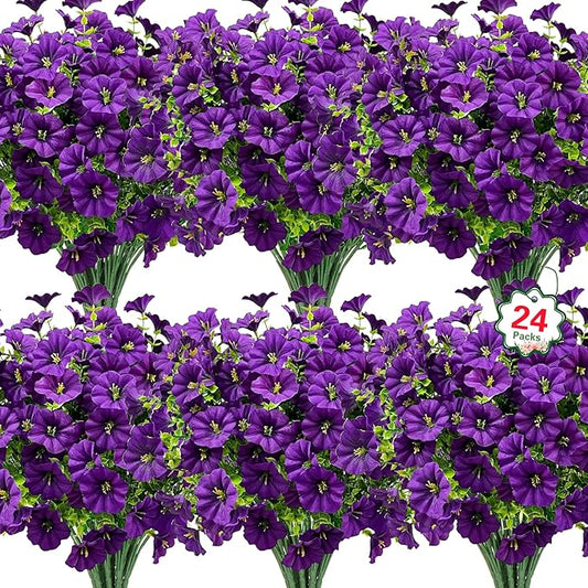 Ouddy Decor 24 Bundles Artificial Flowers for Outdoors, Fake Petunias Flowers Silk Morning Glory with Eucalyptus Faux Plants for Indoor Outside Spring Summer Yard Garden Porch Home Decor, Purple