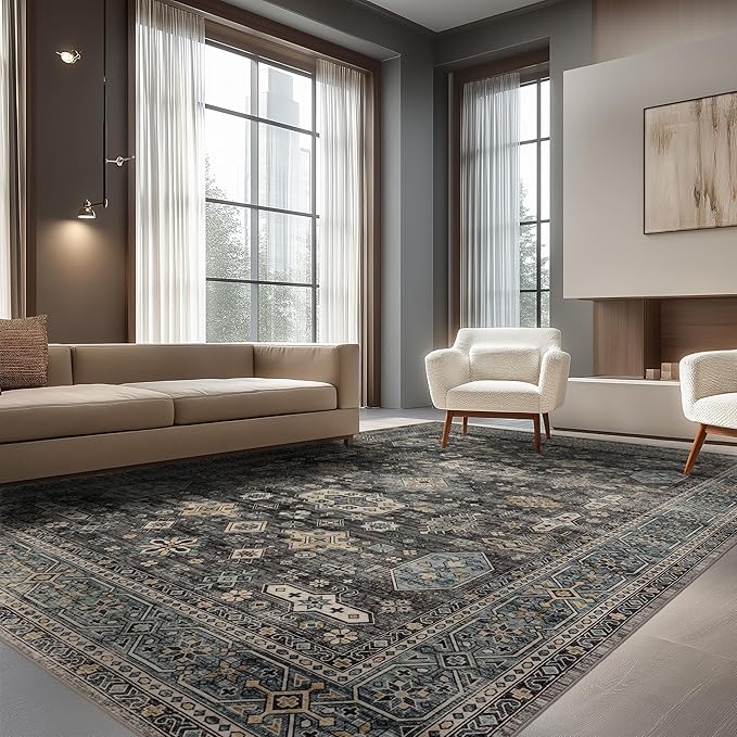 Ruaruarug Washable Area Rug 8x10 for Living Room Bedroom, Ultra Soft Non Slip Stain & Fade Resistant, Pet & Kids Friendly, Suitable for High Traffic Areas Easy to Clean for Office Kitchen, Silver