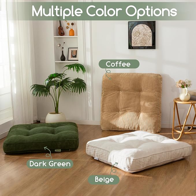 HIGOGOGO 35" Floor Pillow Cushion for Adults, Meditation Cushion Pillow, Extra Large Square Floor Sitting, Tufted Corduroy Cover for Tatami Living Room or Yoga, Dark Green