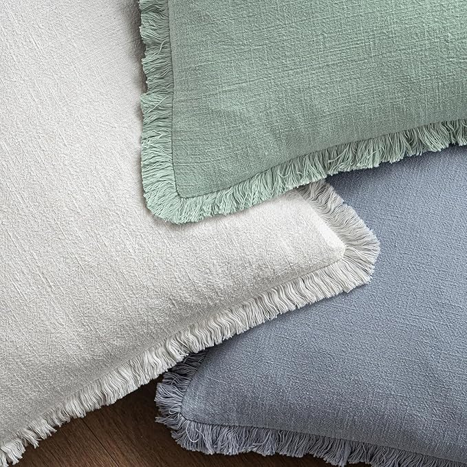 MIULEE Decorative Throw Pillow Covers Neutral Linen Fringe Throw Pillows Set of 2 Aqua Green Boho Farmhouse Cushion Covers with Tassels for Couch Sofa Bed Living Room Spring Home Decor 20x20 Inch