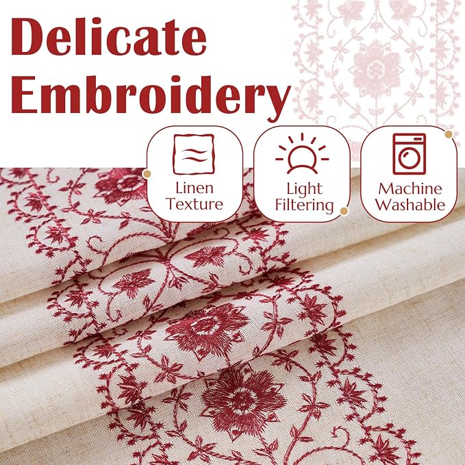 jinchan Red Floral Embroidered Linen Kitchen Curtains 54×45 Inch 2 Panels | Light filtering, back tab, rod pocket, cafe curtains for kitchen bedroom living room, cottage farmhouse, small window