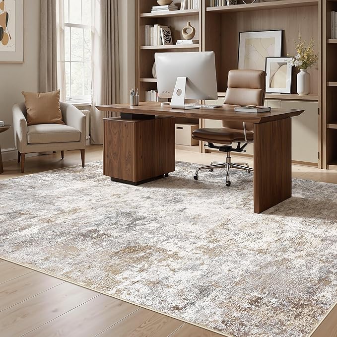 UERMEI 7x9 Area Rug Living Room Rugs - Washable Neutral Modern Abstract Soft Thin Large Rug Indoor Floor No Slip Rug Carpet for Bedroom Under Dining Table Home Office Decor - Brown Grey