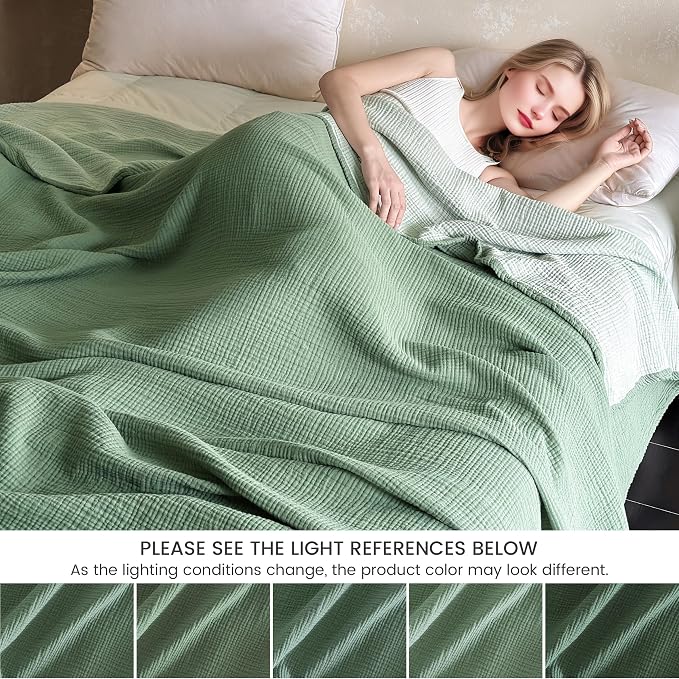 FALUCA Cotton Muslin Cooling Reversible Blanket 50x60 Inches for Bed, Couch, Four Layers Blanket, Soft Lightweight Cozy Breathable Farmhouse Decoration for Summer, Light Green