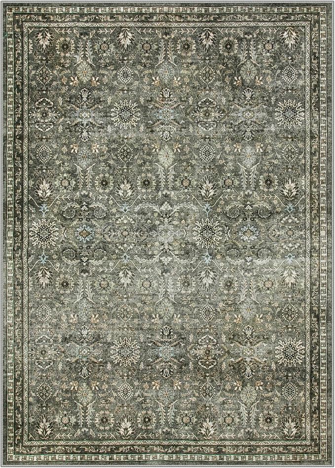 Lahome 5x7 Boho Bedroom Area Rug,Soft Vintage Washable Rugs for Living Room,Non Shedding Disdressed Floor Carpets for Home Decor Dining Room,Dark Olive Green | Disdressed Soft Non Shedding Floor Carpets for Dining Room