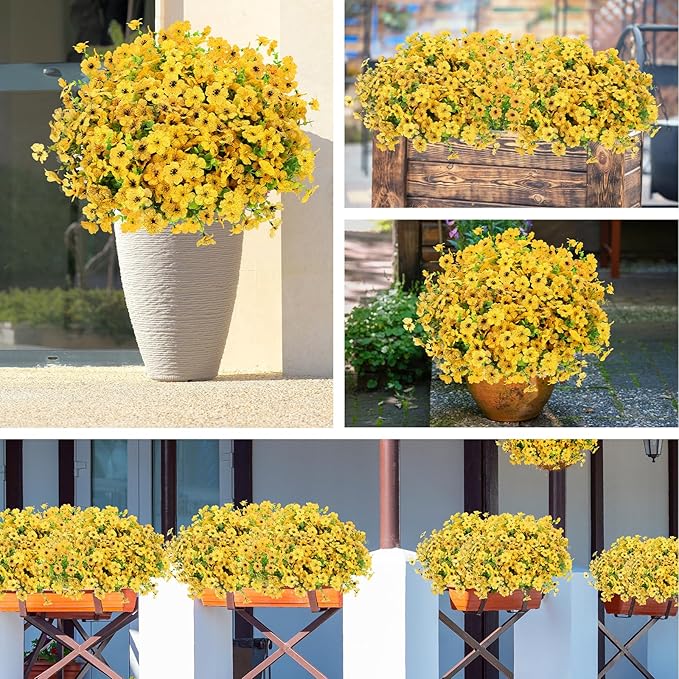 MERIXMAS 24 Bundles Artificial Flowers for Outdoors Decorations, Fake Flowers Artificial Plants Outdoor, Colorful Daisy Eucalyptus Realistic UV Resistant for Garden Patio Porch Home Decor, Yellow