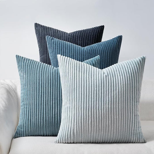 Topfinel Decorative Throw Pillow Covers Aque Teal Blue Gray Series,Summer Corduroy Striped Toss Pillows for Couch,Patio,Balcony,Children Bedroom,Modern Fluffy Blue Gradient Shams 20x20 Inch Set of 4