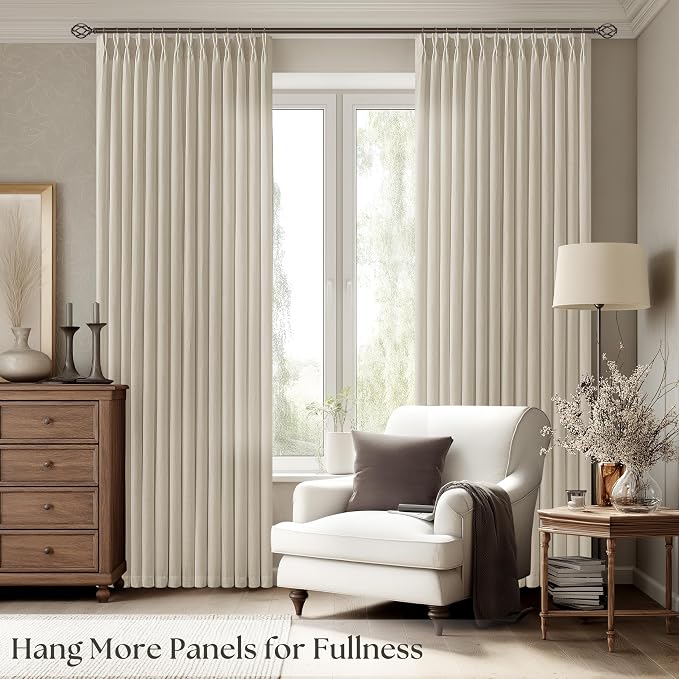 Beige Linen Pleated Curtains 96 Inches Long for Living Room 2 Panels Set Semi Sheer Light Filtering Pinch Pleat Rings Hooks Back Tab Drapes Neutral Boho 96 Inch Curtain for Bedroom Window Tan Oatmeal