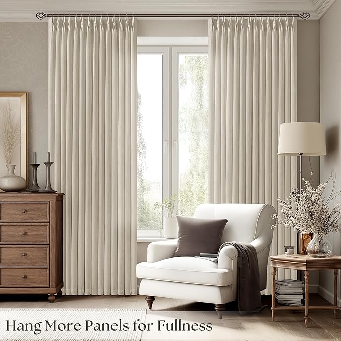 Beige Pinch Pleated 86 Inch Curtains 2 Panels for Living Room Oatmeal Linen Curtains 90 Inches Long Pinch Pleat Drapes for Track System Light Filtering Semi Sheer Curtain for Dining Bedroom Office
