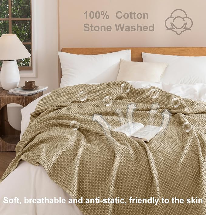 Talasily 100% Cotton Blanket Twin XL Size for Bed - Spring and Summer Cooling Lightweight & Breathable Bedding -Soft Waffle Weave Christmas Blanket, Machine Washable,Warm Brown,66x90 Inches