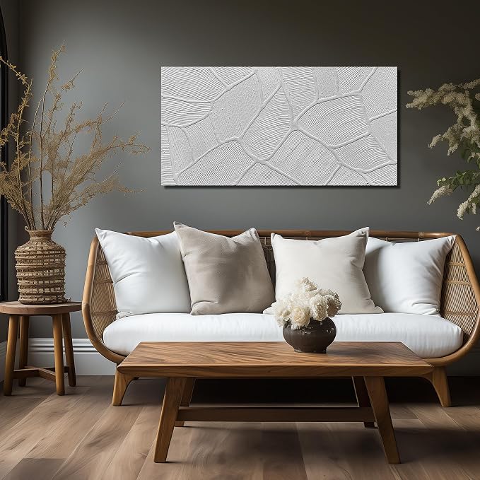 DNIEOTU Hand Painted Abstract Wall Art for Living Room, White Textured Canvas Artwork Wall-Decor for Bedroom, Modern Minimalist Geometric Paintings for Hallway Office, Size 40 x 20 Inches