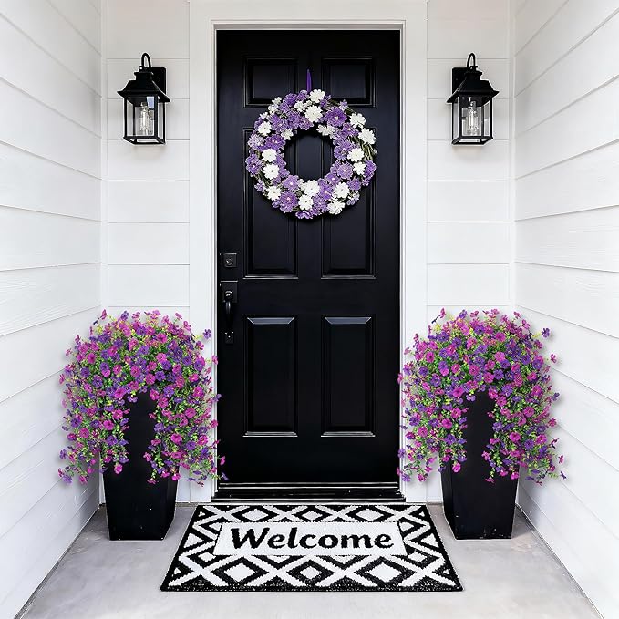 Ammyoo 2Pcs Fake Hanging Flowers for Outdoor Decoration Artificial Hanging Flowers Realistic Daisy Plants UV Resistant, Faux Silk Flower for Porch Patio Window Sill Outside Decor(Purple Deep Purple)