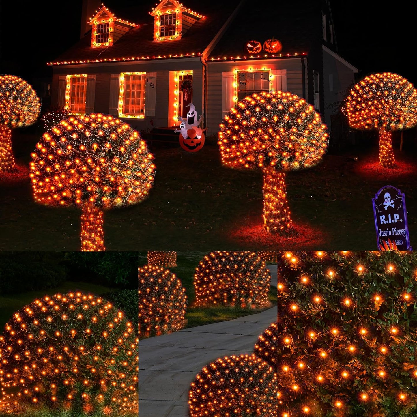 WBao Halloween Lights Outdoor 360LED 11.5ft x 6.9ft Halloween Net Lights with 8 Modes, Timer, Connectable, Waterproof & Dark Green Wire for Lawn, Bushes, Shrubs Outdoor Holiday Decorations, Orange
