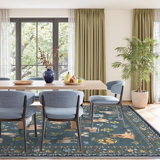 Soalmost Dog 9x12 Area Rugs for Living Room, Machine Washable Animal Floral Vintage Rug Non-Slip Low Pile Soft Throw Large Rugs for Classroom Bedroom Dining Room Nursery Playroom (9 x 12,Navy Blue)