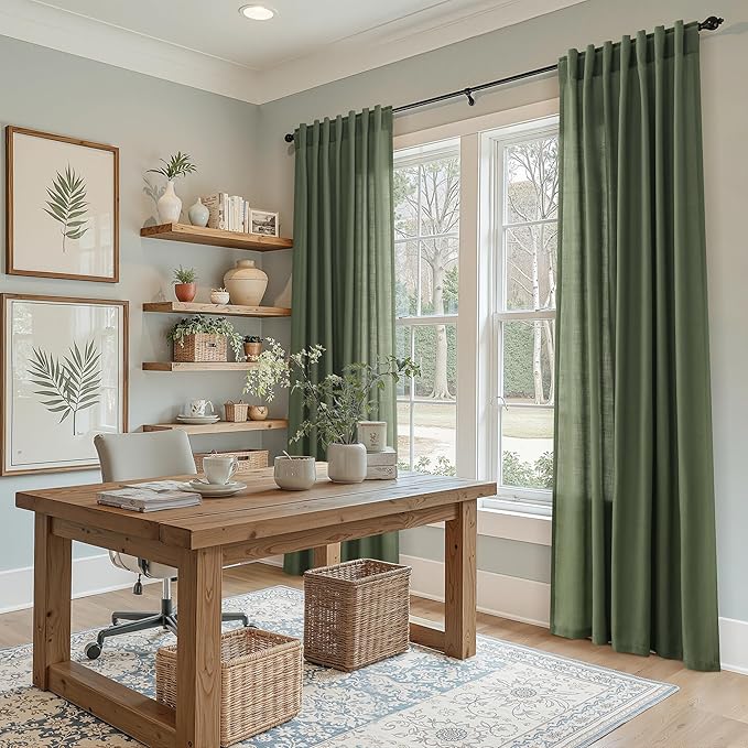 Nanspring Forest Green Linen Curtains 102 Inches Long for Living Room Light Filtering Semi Sheer Curtain Back Tab and Rod Pocket Wabi Sabi Boho Decor Drapes for Bedroom Office 52x102, 2 Panels