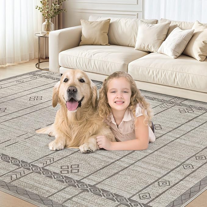 cotiled 6x9 Area Rug Living Room: Washable Boho Rugs with Non Slip Backing Large Soft Indoor Stain Resistant Carpet for Bedroom Farmhouse Dining Room Lightweight Home Decor Grey Brown