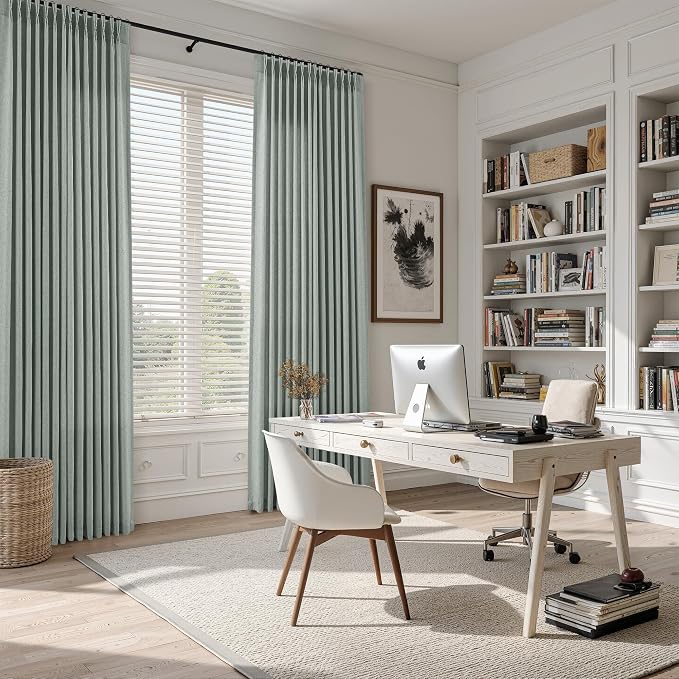 Guken Desert Sage Pinch Pleated Linen Curtains 84 Inches Long 2 Panels Set Modern Farmhouse Boho Window Curtain for Living Room Bedroom Semi Sheer Back Tab Draps with Hooks Rings Aesthetic Decor