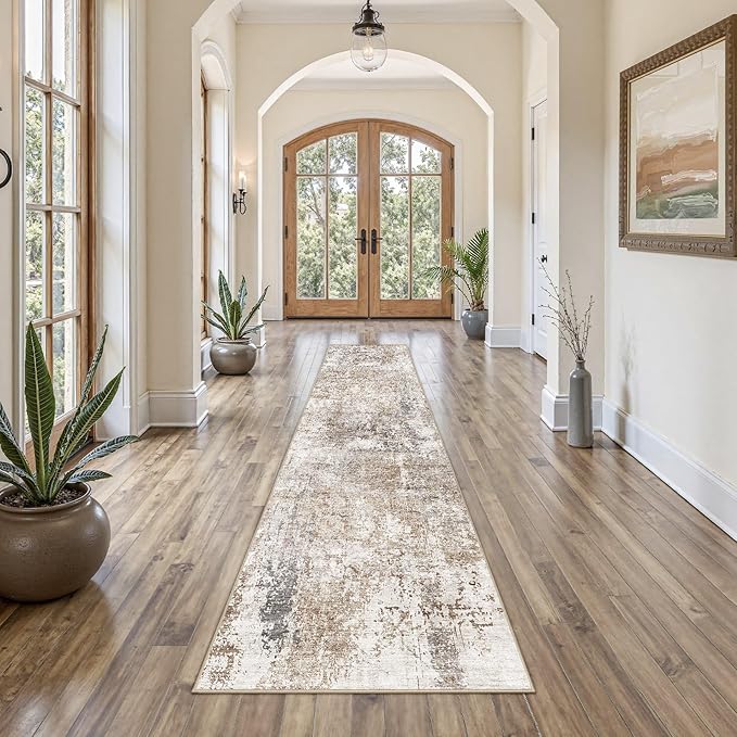 UERMEI 2x10 Washable Runner Rug for Hallway, Non Slip Low Pile Kitchen Carpet, Neutral Modern Abstract Indoor Floor Mat for Entryway Laundry, Kid & Pet Safe High Traffic Area, Brown/Grey/Red