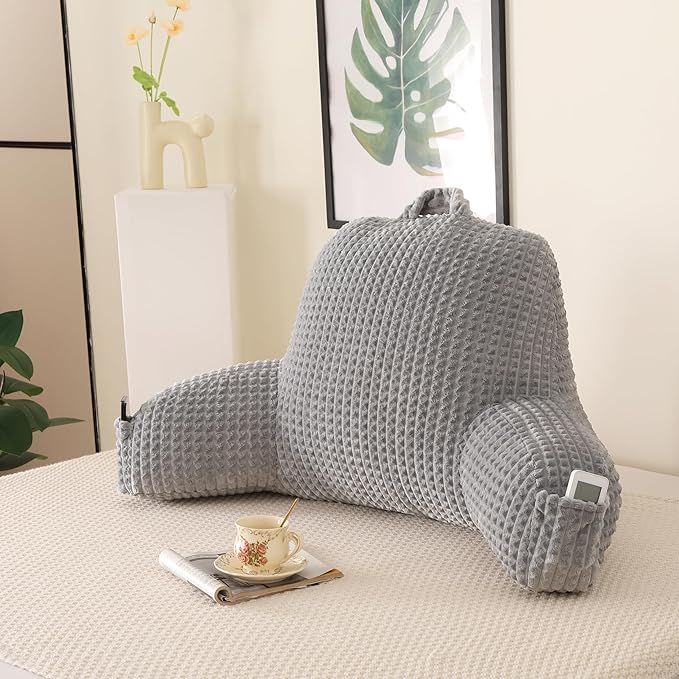 Reading Pillow with Arms for Sitting in Bed,Backrest,Gray Flannel,M | 17" Backrest with Arms Supports Back for College Students,Elbows & Forearms for Dorm Reading,Gaming,Watching TV