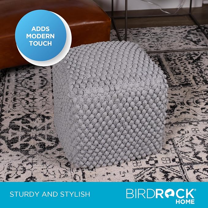 BIRDROCK HOME Square Pouf Ottoman Foot Rest - 18” Compact Comfortable Soft Cotton Knit Bean Bag Floor - Chair Foot Stool Seat for Living Room, Bedroom, or Kids Room (Grey Bud)