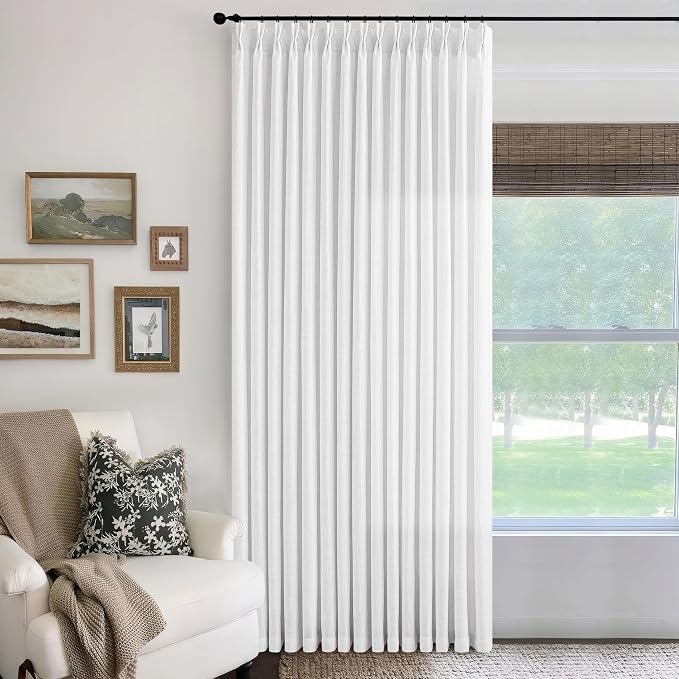 White Linen Curtains 108 Inches Long for Living Room Modern Thick Linen Flax Pinch Pleated Memory Trained Light Filtering Ceiling Track System Semi Sheer Curtain with Hook Rings 50x108 1 Panel