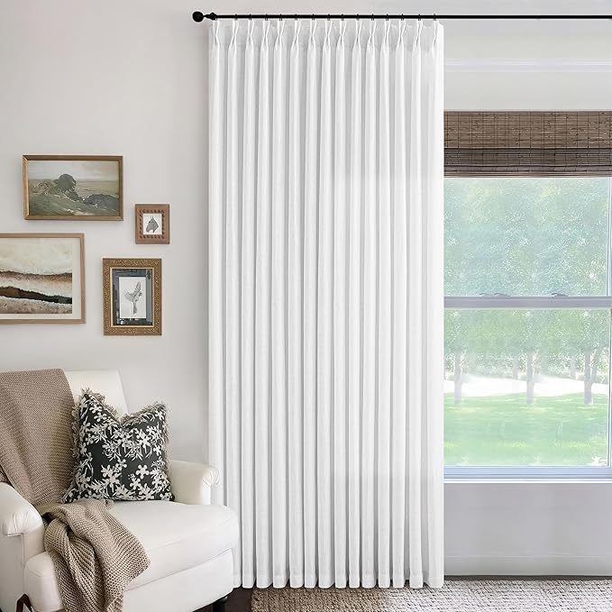 Extra Wide 102 Inch Long Curtains 100 Inch Wide Pinch Pleat Textured Linen Curtains for Living Room Bedroom Light Filtering Privacy Pleated Drapes Hooks Rings Back Tab for Sliding Door White 1 Panel