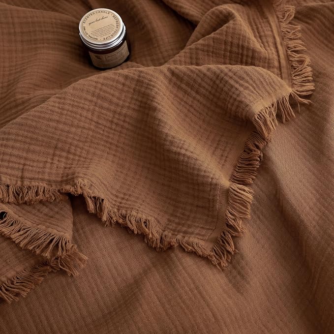 FOSSA Muslin Blanket 4-Layer 100% Cotton Gauze Blanket with Fringe 90"x90" | Super Soft Breathable Lightweight All Season & Decorative Blanket or Bed, Sofa, Office (Dark Orange,Queen)