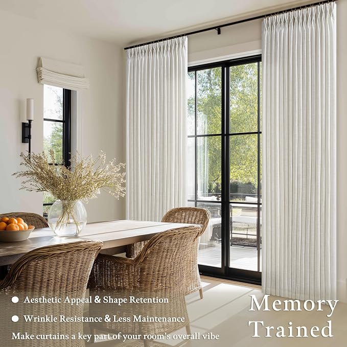 105 Inch Linen Curtains Pinch Pleated for Living Room Dining 2 Panels Set Cream Ivory Pleat Drapes Back Tab Semi Sheer Neutral Boho Ceiling to Floor 105 Inch Curtains for Bedroom Window W50xL105