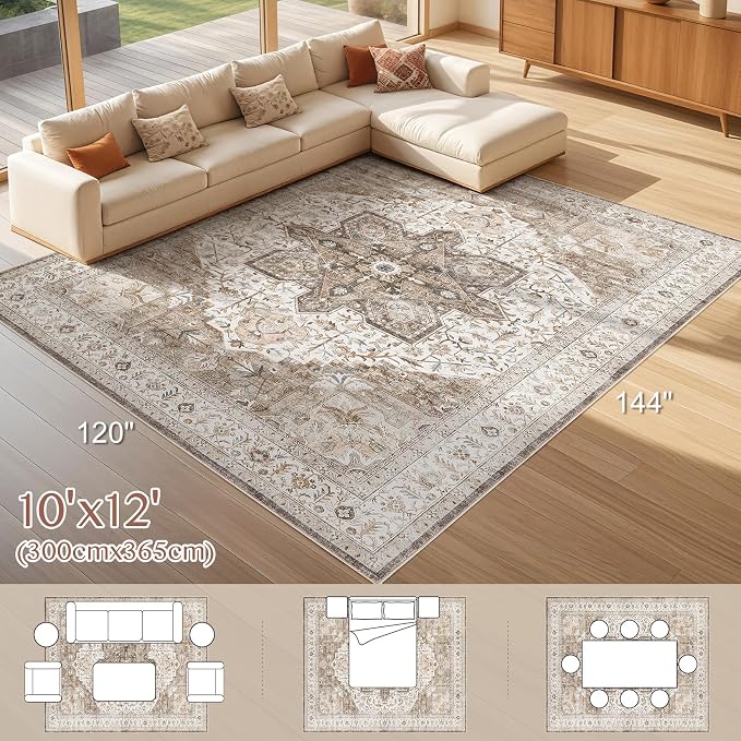 Tortania Area Rug Living Room Rugs - 10x12 Washable Boho Rug Vintage Oriental Distressed Farmhouse Large Thin Indoor Carpet for Living Room Bedroom Under Dining Table Home Office - Brown