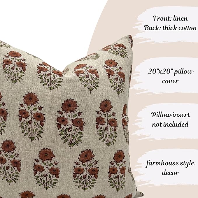 Linen Throw Pillow Covers 20x20 inch sage Terracotta Beige Decorative Pillow Covers for Living Room, Bedroom Farmhouse Decor