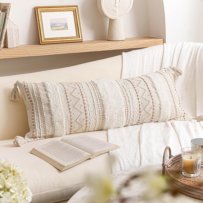 BlissBlush 14x36 Lumbar Pillow Cover for Bed, Rectangular Long Decorative Throw Pillowcase, Boho Accent Cushion with Tufted Pattern and Tassels, Cream Beige Neutral (Cover Only)