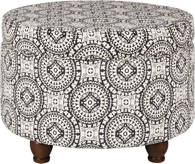 Homepop Home Decor | Upholstered Round Storage Ottoman | Ottoman with Storage for Living Room & Bedroom, Black and White Medallion Large