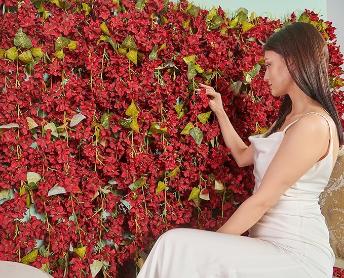 PONKING Flower Garland, Artificial Hydrangea Vine Flowers, Hanging Fake Hydrangeas Vine for Room Anniversary Wedding Birthday Christmas Wall Arch Decor, 2 Pcs, Floral Garland, Red Flower