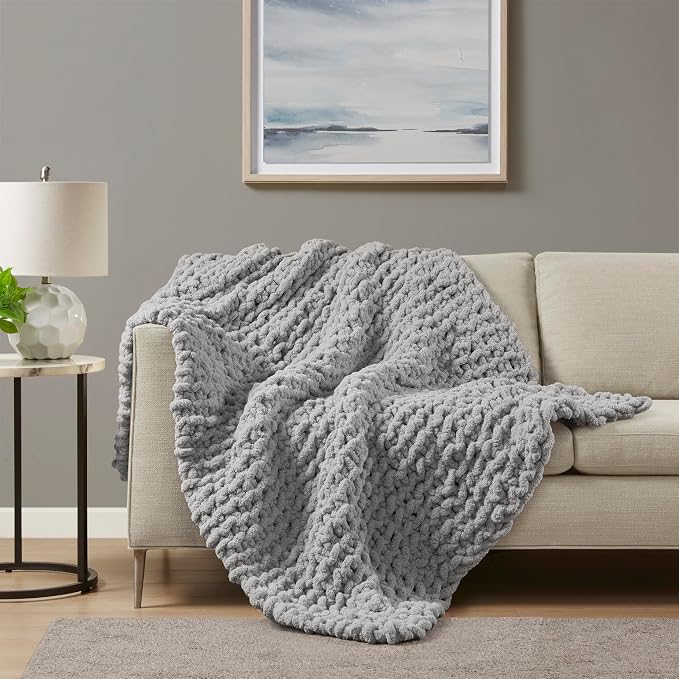 Madison Park Chenille Chunky Knit Handmade Throw Blanket, Luxuriously Soft Gift Blankets, Cottage Style Room Décor, Lightweight & Breathable All Seasons Throw Blanket for Couch, 50" W x 60" L Grey