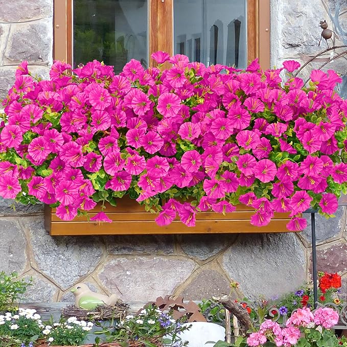 Waipfaru 24 Bundles Artificial Flowers for Outdoors Faux Plants Outdoor, UV Resistant Artificial Plants Outdoor, Silk Petunias Fake Flowers for Outside Home Decor Planter Porch Decoration, Rose Red