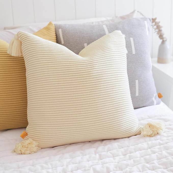 Lumi Lving Cozy Soft Cotton Throw Pillow Cover with Ribbed Knit Texture and Tassel Corners adds Light and Calm to Your Space (18x18, Oat Milk)