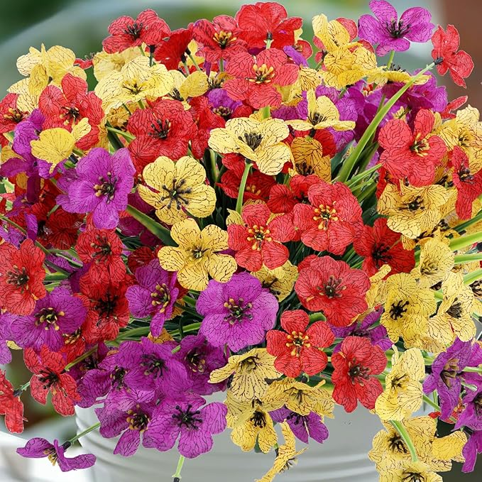 Geegoods Artificial Mums Flowers for Outdoors, 12 Bundles UV Resistant Fake Plastic Colorful Mix Flowers for Patio Porch Spring Summer Decor